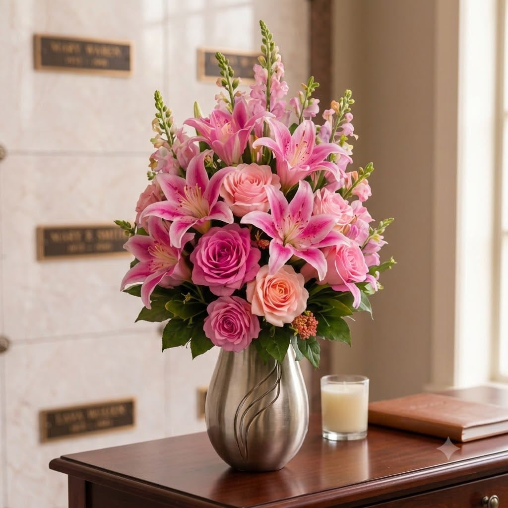 Artificial Mausoleum: Roses, Lilies & Snapdragons (Pink & Peach)