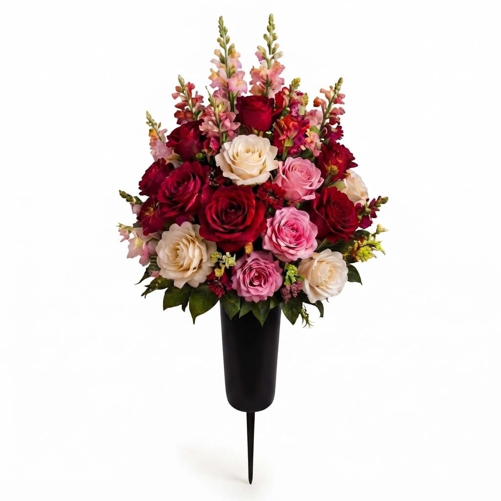 Artificial Cemetery Cone: Roses & Snapdragons (Red, Pink & Cream) — Summer