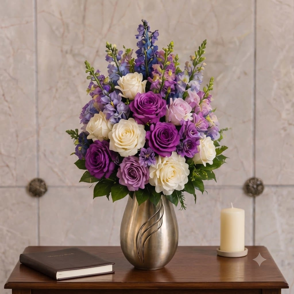 Artificial Mausoleum: Roses, Delphinium & Snapdragons (Purple & White)
