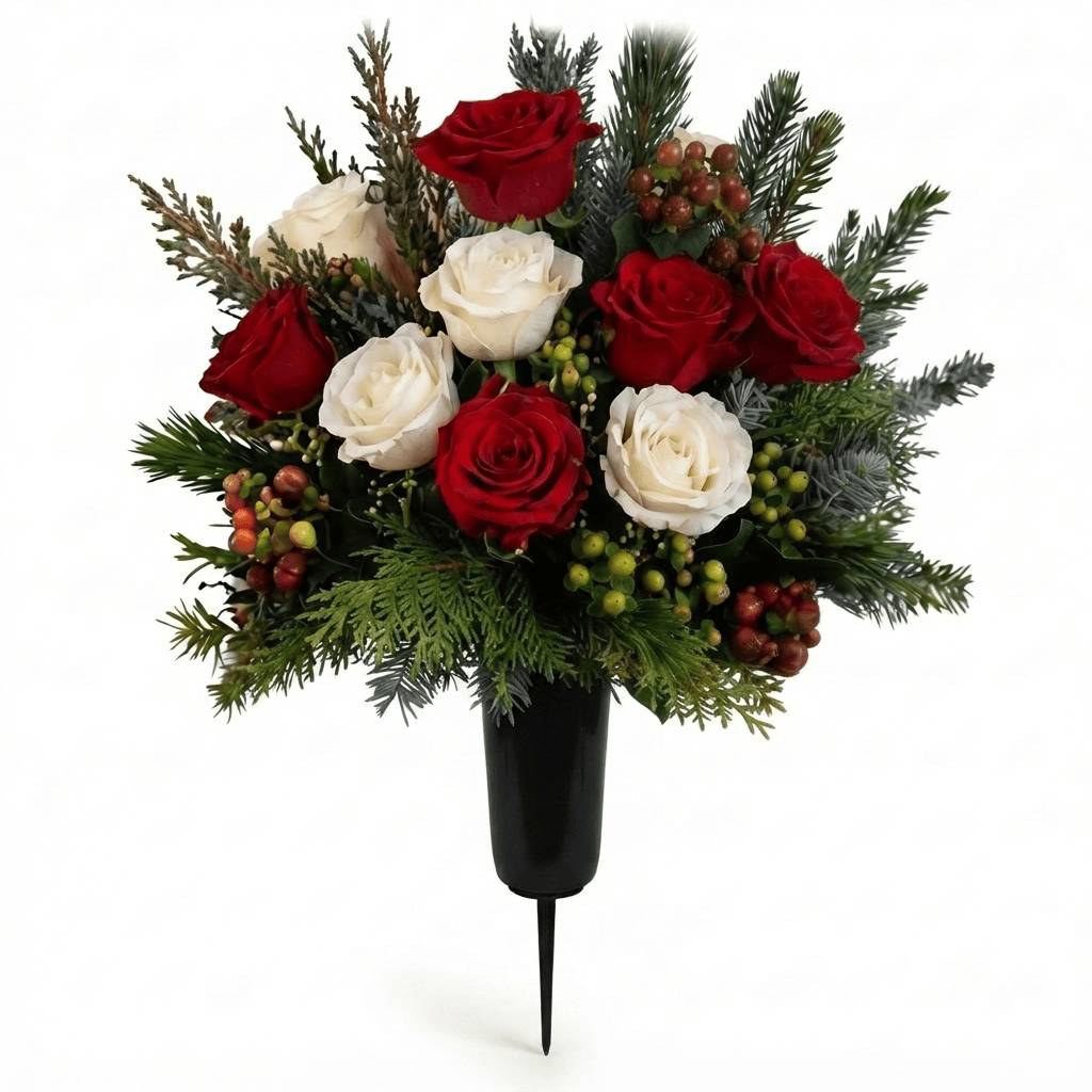 Artificial Cemetery Cone: Roses & Hypericum Berries (Red & White) — Winter