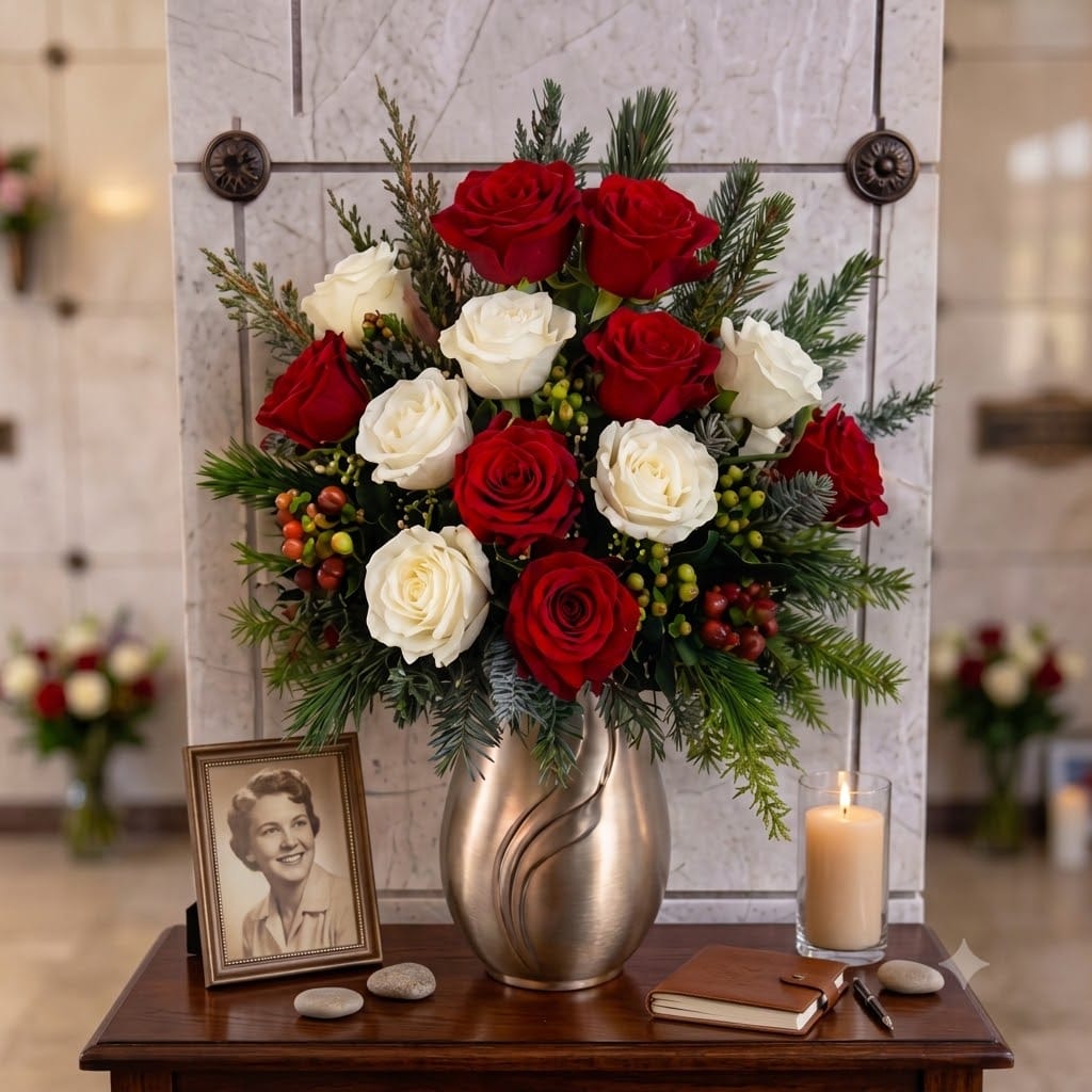 Artificial Mausoleum: Roses, Baby's Breath & Waxflower (Pink & Red) — Winter, bouquet view on white background