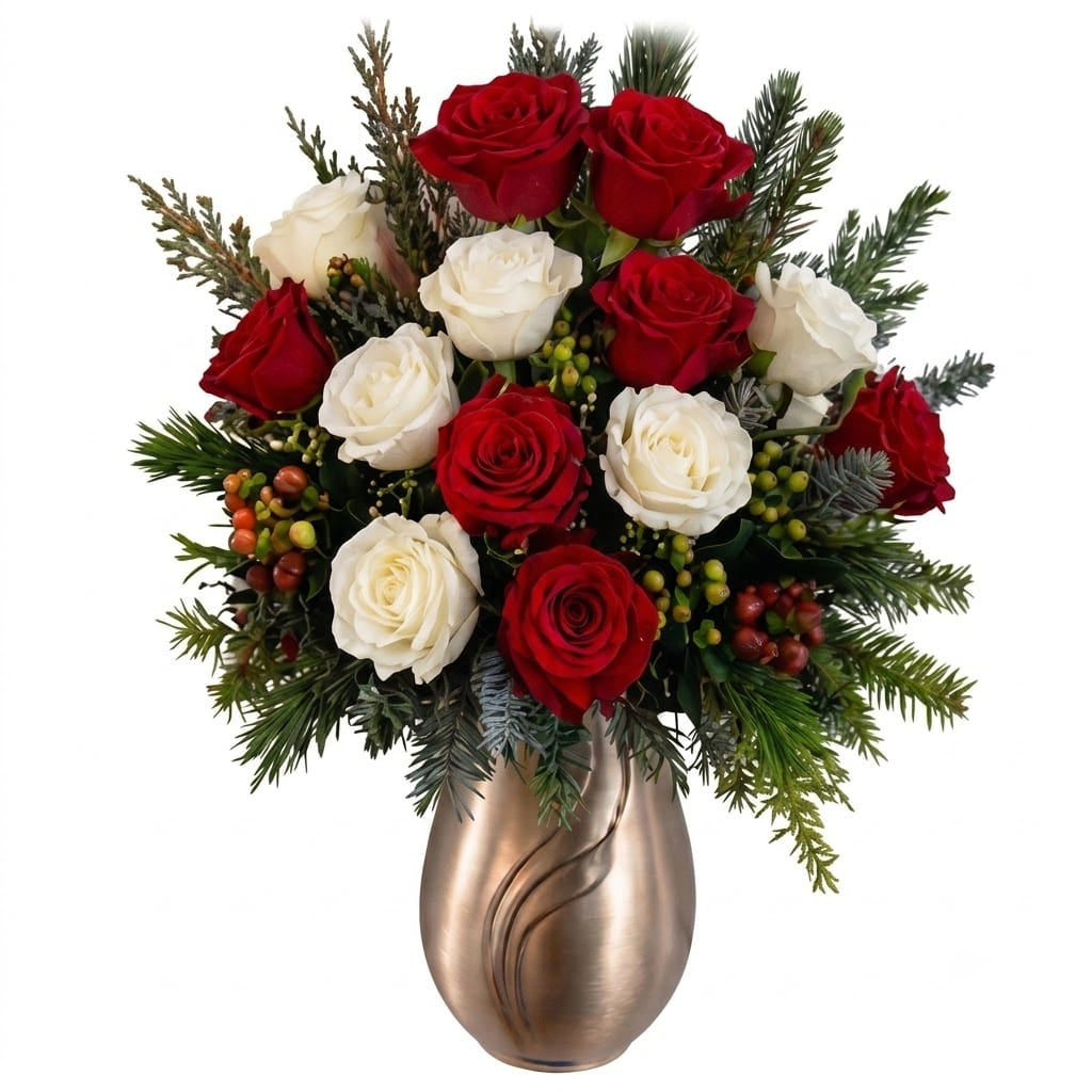 Artificial Mausoleum: Roses, Baby's Breath & Waxflower (Pink & Red) — Winter, displayed in silver vase at memorial