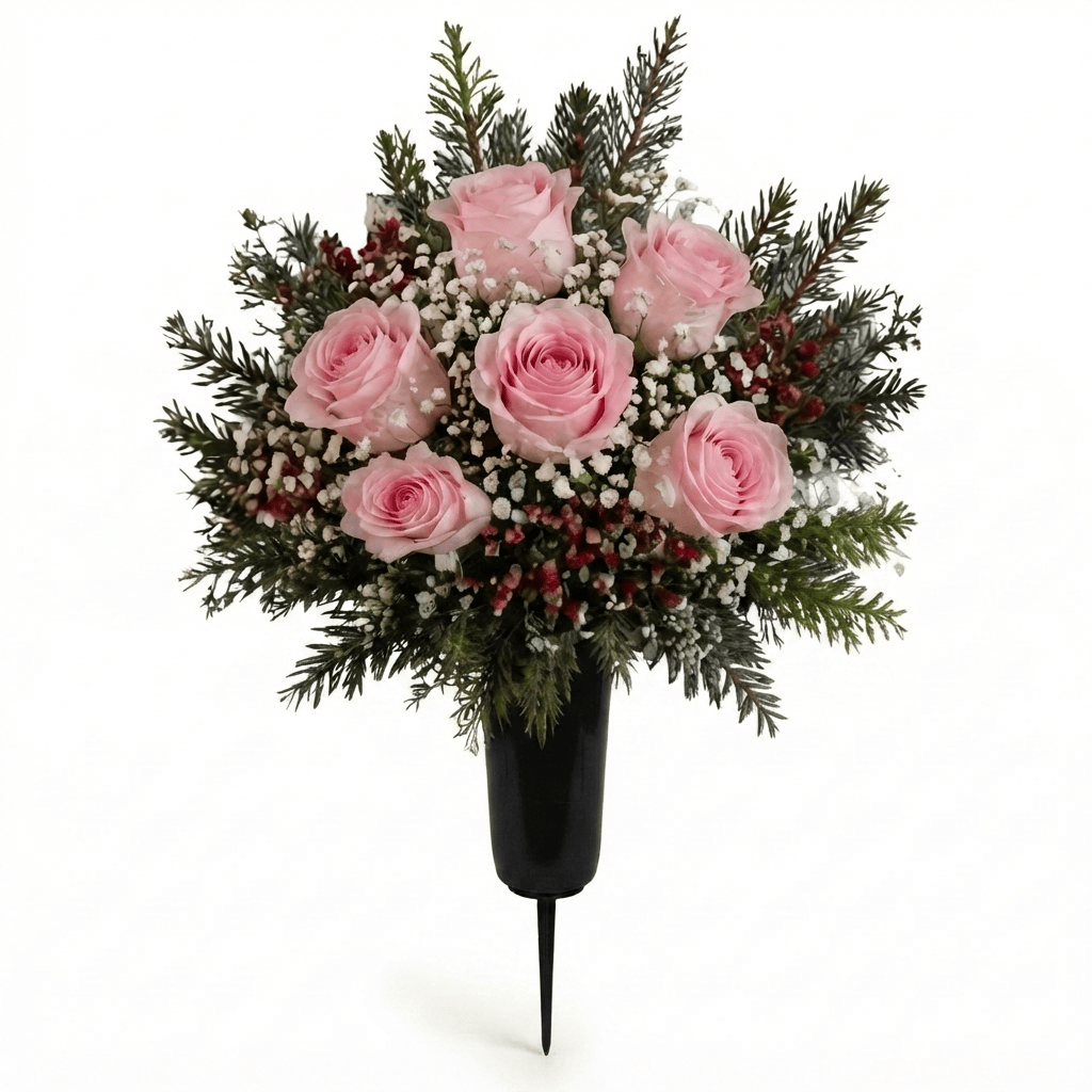 Artificial Cemetery Cone: Roses, Baby's Breath & Hypericum Berries (Pink) — Winter