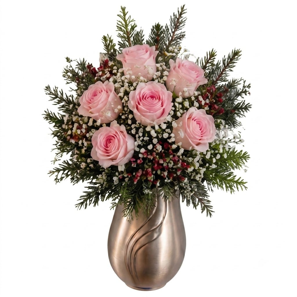 Artificial Mausoleum: Roses & Lilies (White) — Winter, displayed in bronze vase