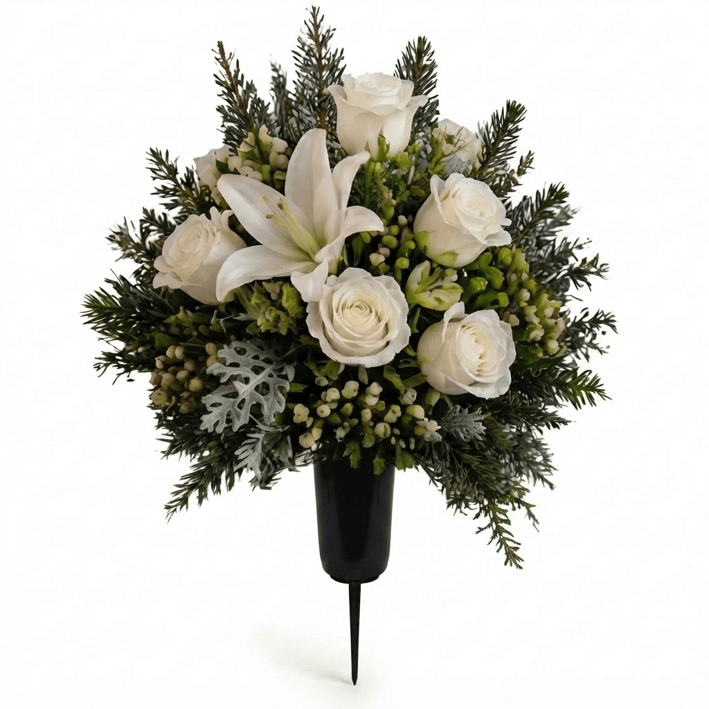 Artificial Cemetery Cone: Roses, Lily & Hypericum Berries (White & Green) — Winter