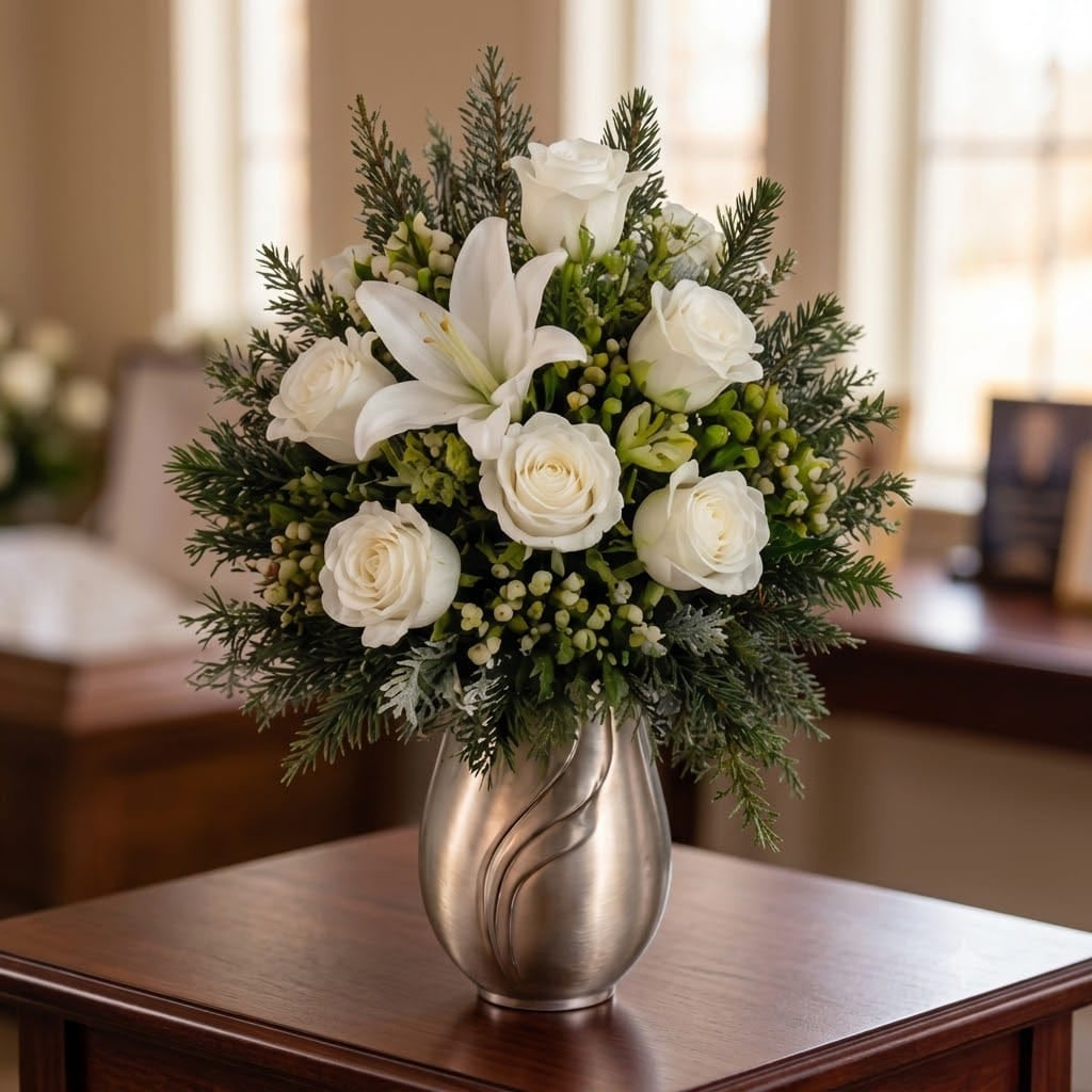Artificial Mausoleum: Roses, Lily & Hypericum (White) — Winter, lifestyle display