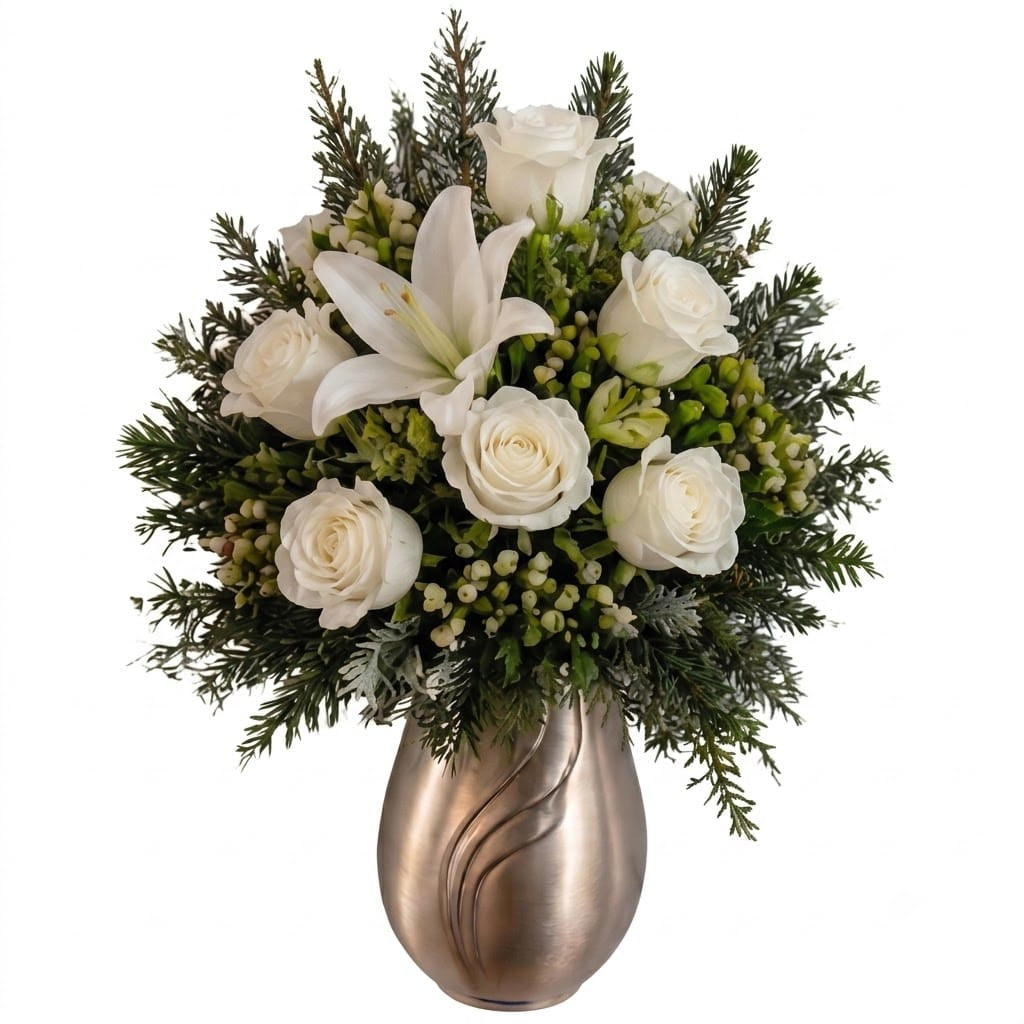 Artificial Mausoleum: Roses, Lily & Hypericum (White) — Winter, bronze vase display