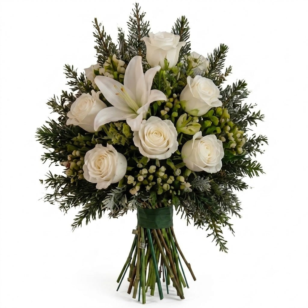 Artificial Mausoleum: Roses, Lily & Hypericum (White) — Winter, bouquet stems view
