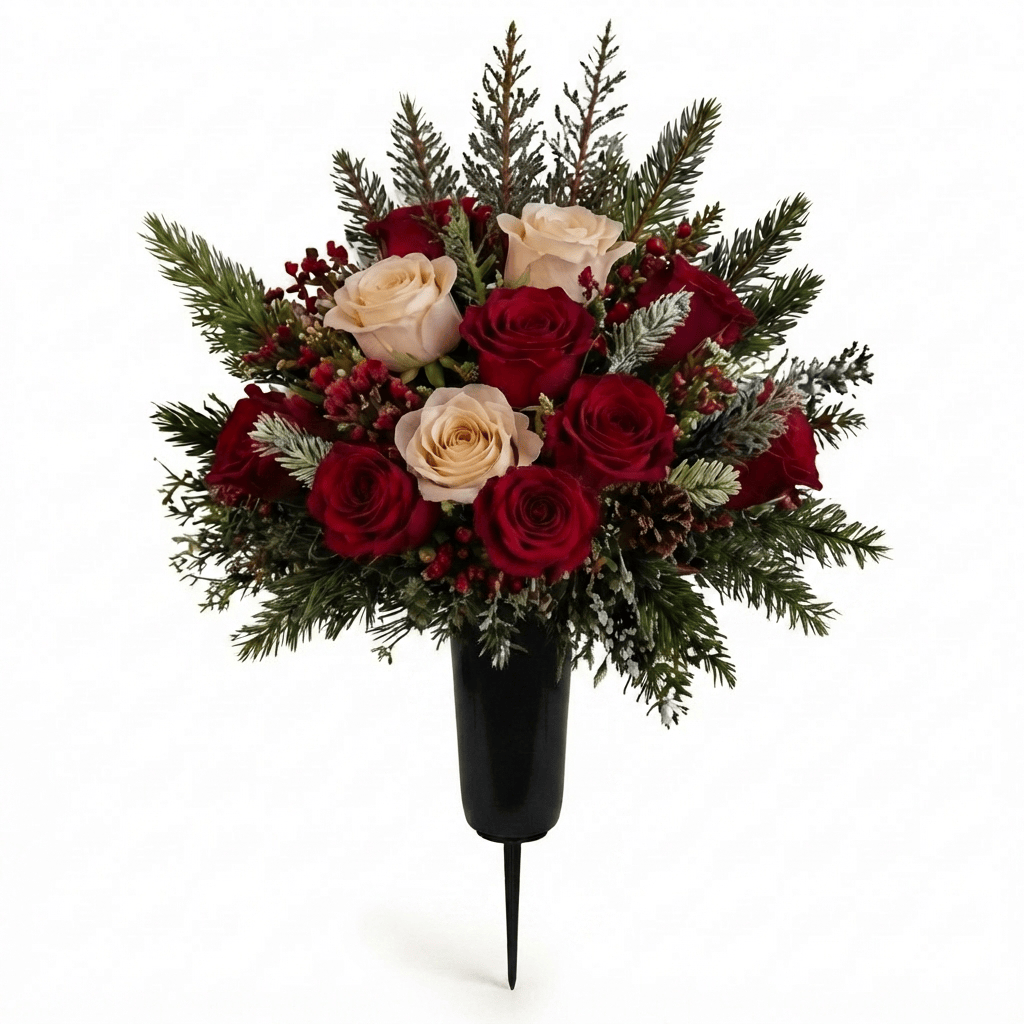 Artificial Cemetery Cone: Roses & Hypericum Berries (Red & Cream) — Winter