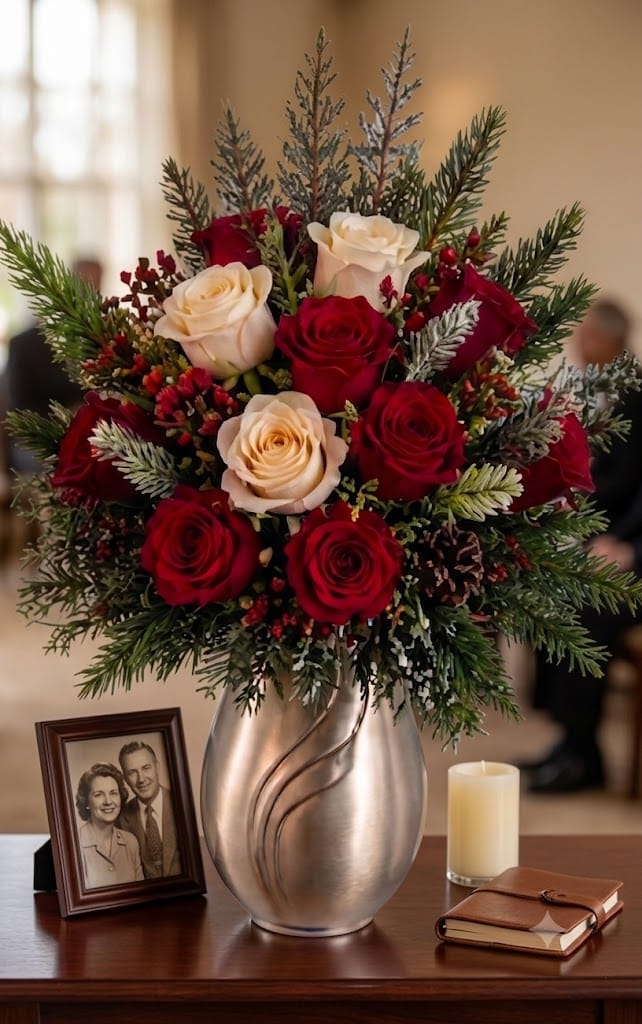Artificial Mausoleum: Roses & Hypericum (Red & Cream) — Winter, lifestyle display