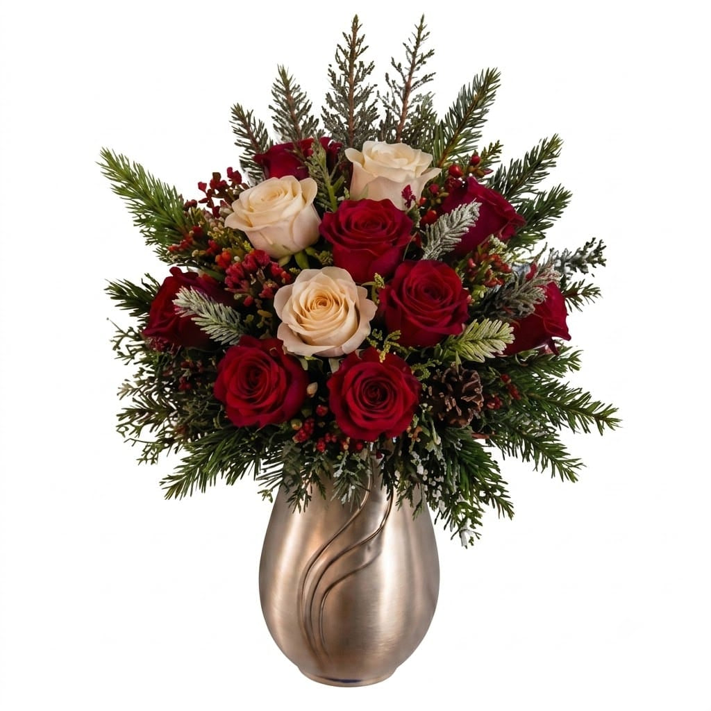 Artificial Mausoleum: Roses & Hypericum (Red & Cream) — Winter, silver vase display