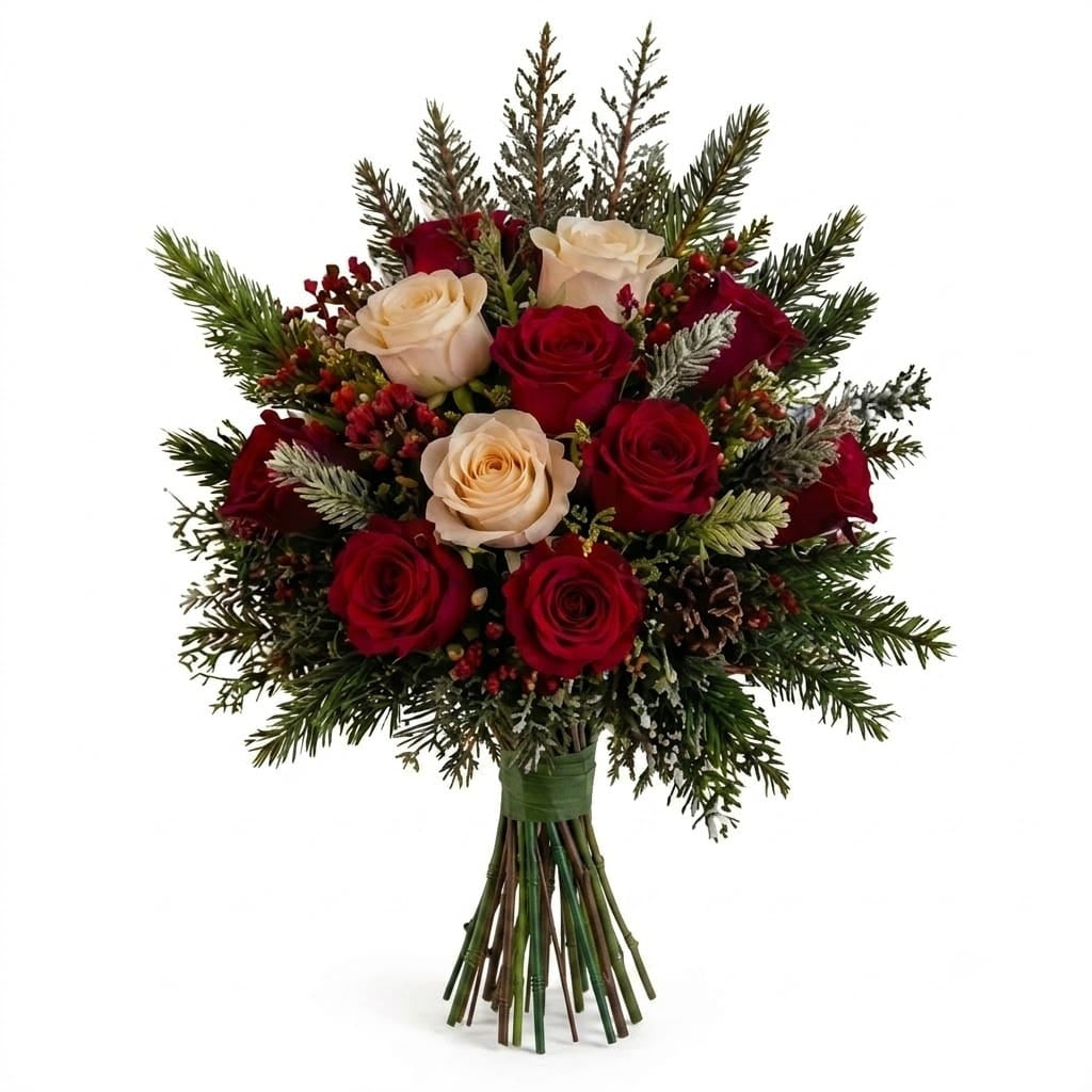 Artificial Mausoleum: Roses & Hypericum (Red & Cream) — Winter, bouquet stems view