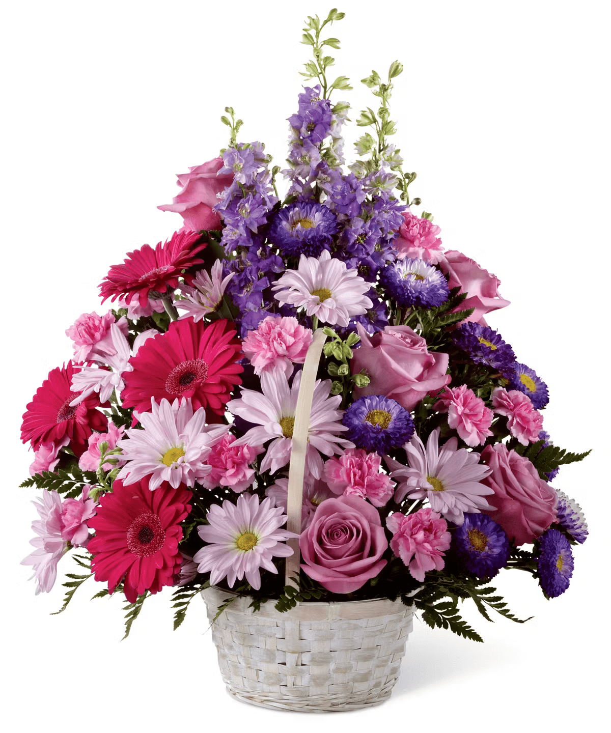 Basket Arrangement (White, Pink & Purple)