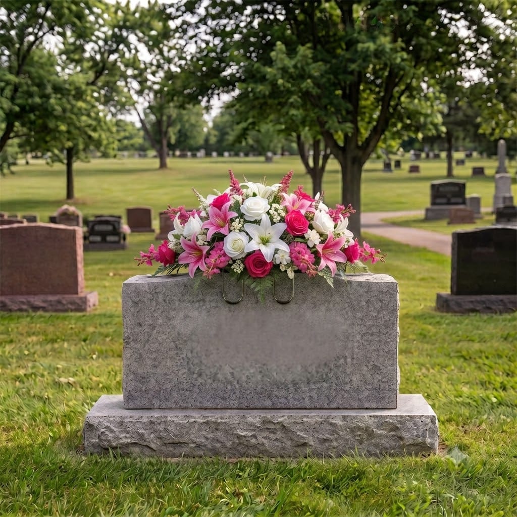 Headstone Saddle: Lilies & Roses (Hot Pink & White)