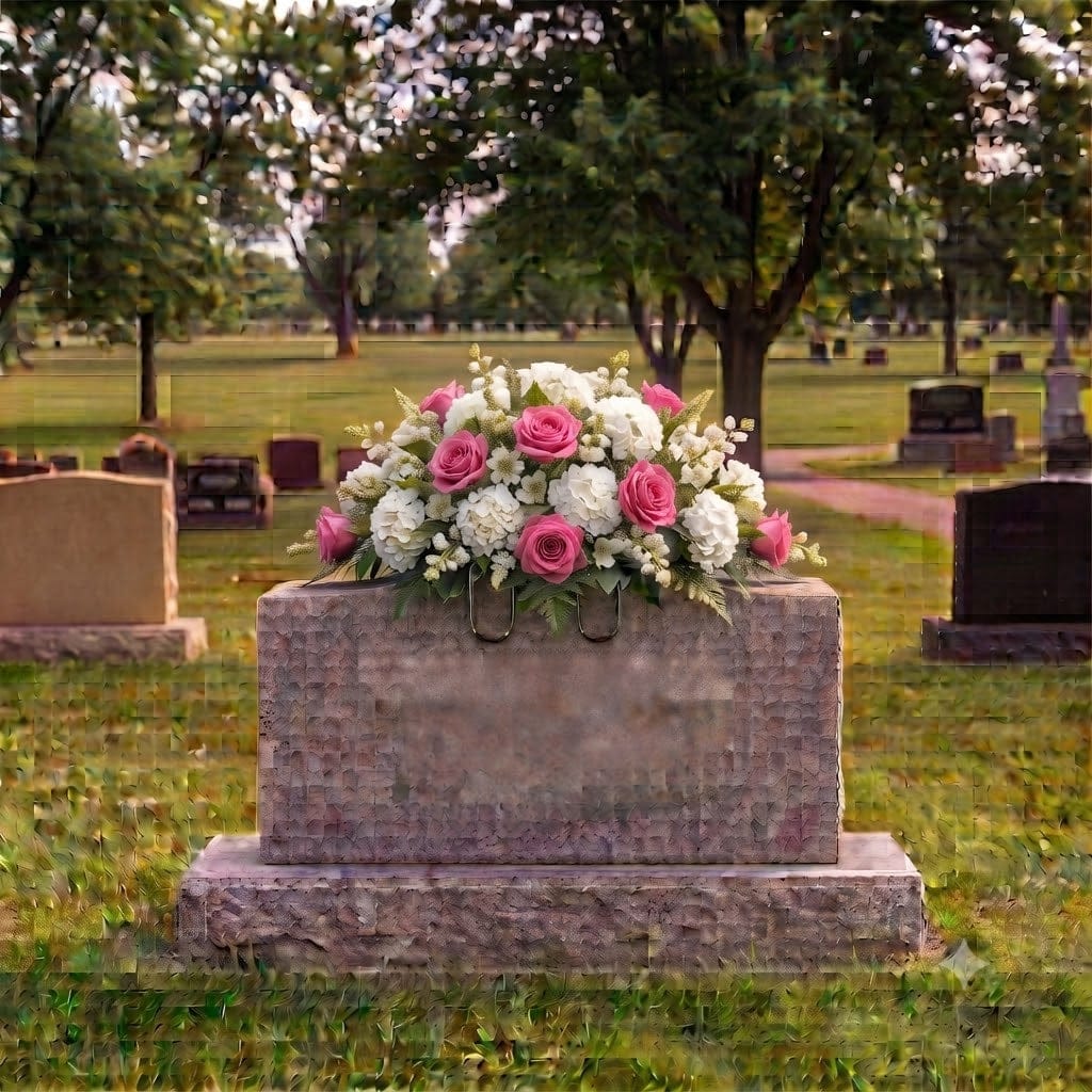 Blue and white lilies and roses silk headstone saddle on a grey granite grave marker