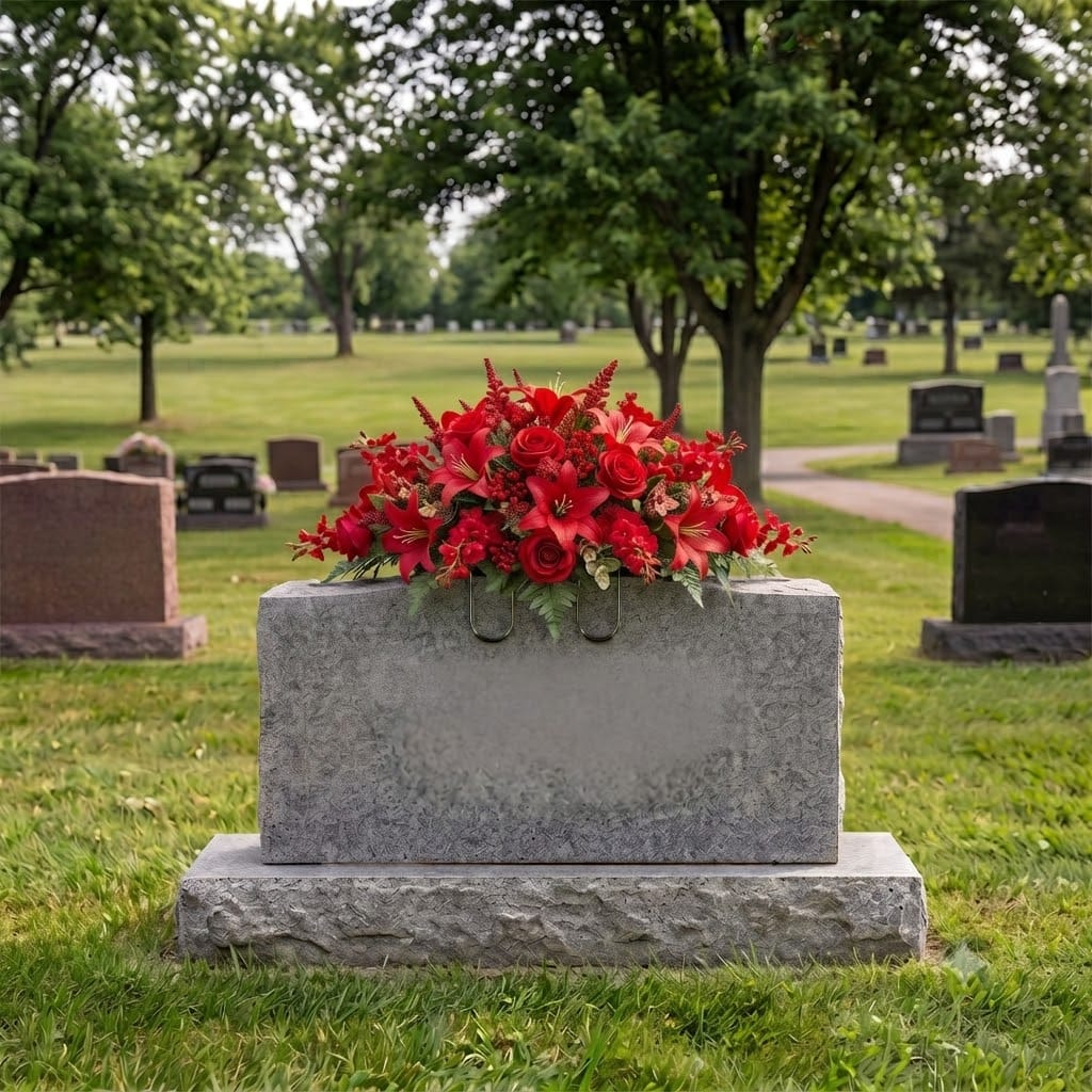 Headstone Saddle: Lilies & Roses (Red)
