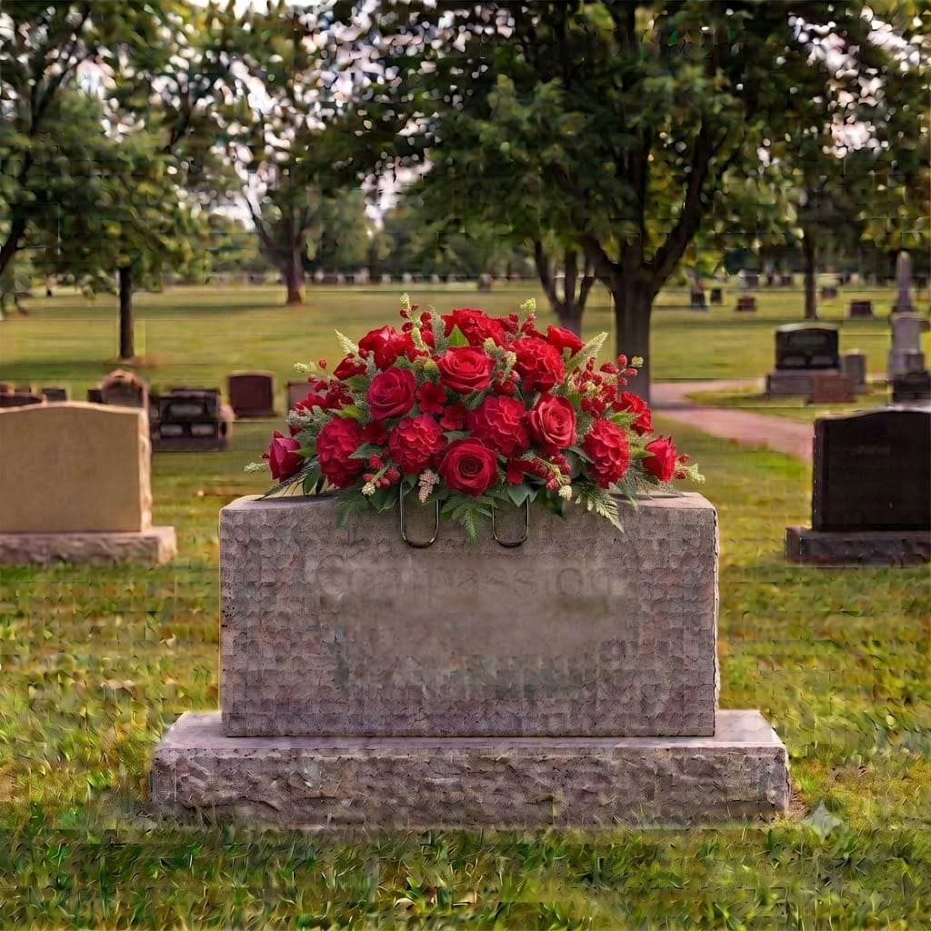 Headstone Saddle: Roses & Hydrangeas (Red)