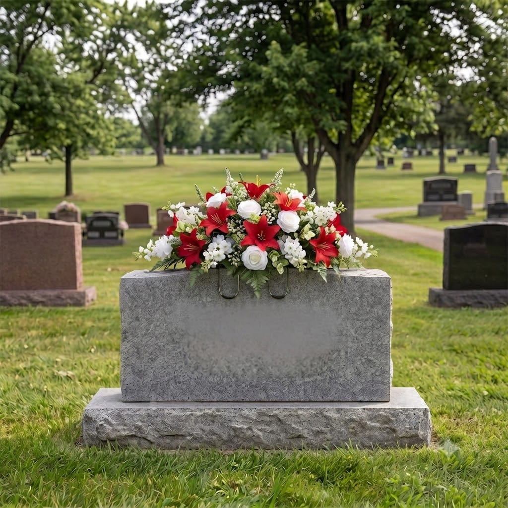 Headstone Saddle: Lilies & Roses (Red & White)