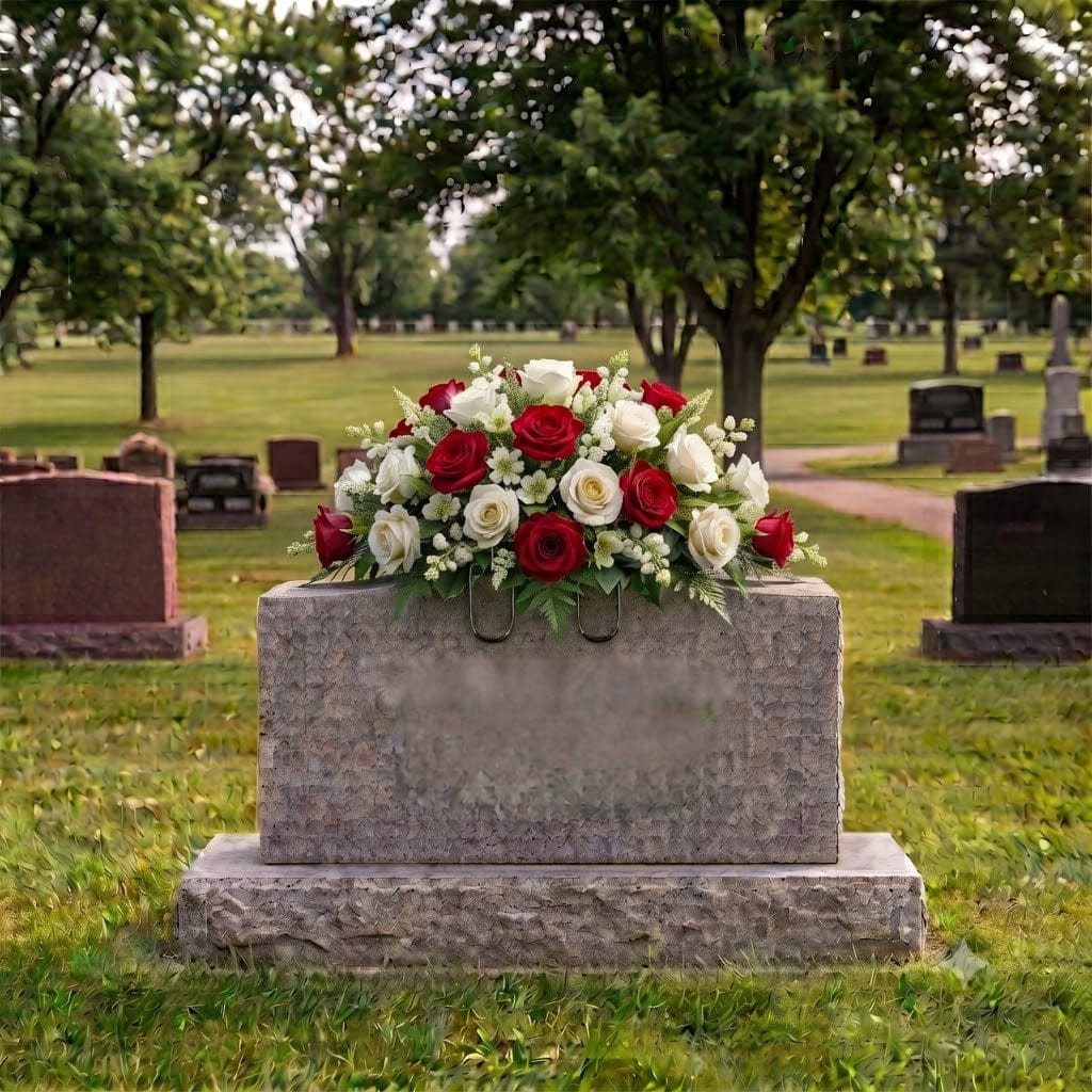 Red and white roses silk headstone saddle on a grey granite grave marker in a peaceful cemetery setting