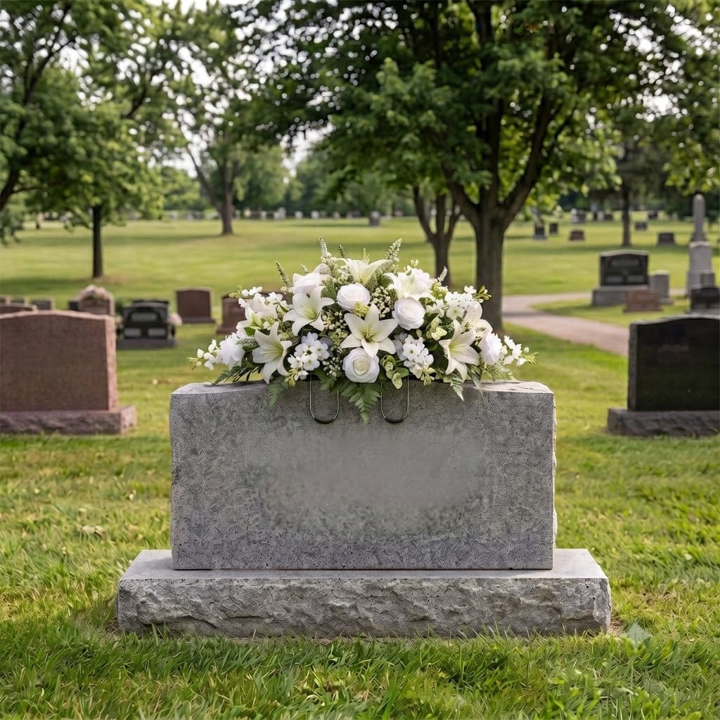 White lilies and roses silk headstone saddle on a grey granite grave marker in a peaceful cemetery setting
