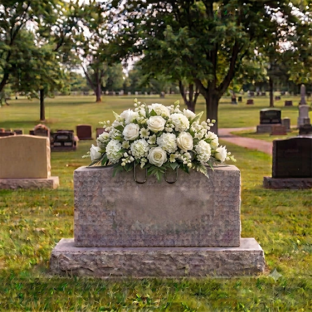Headstone Saddle: Roses & Hydrangeas (White)