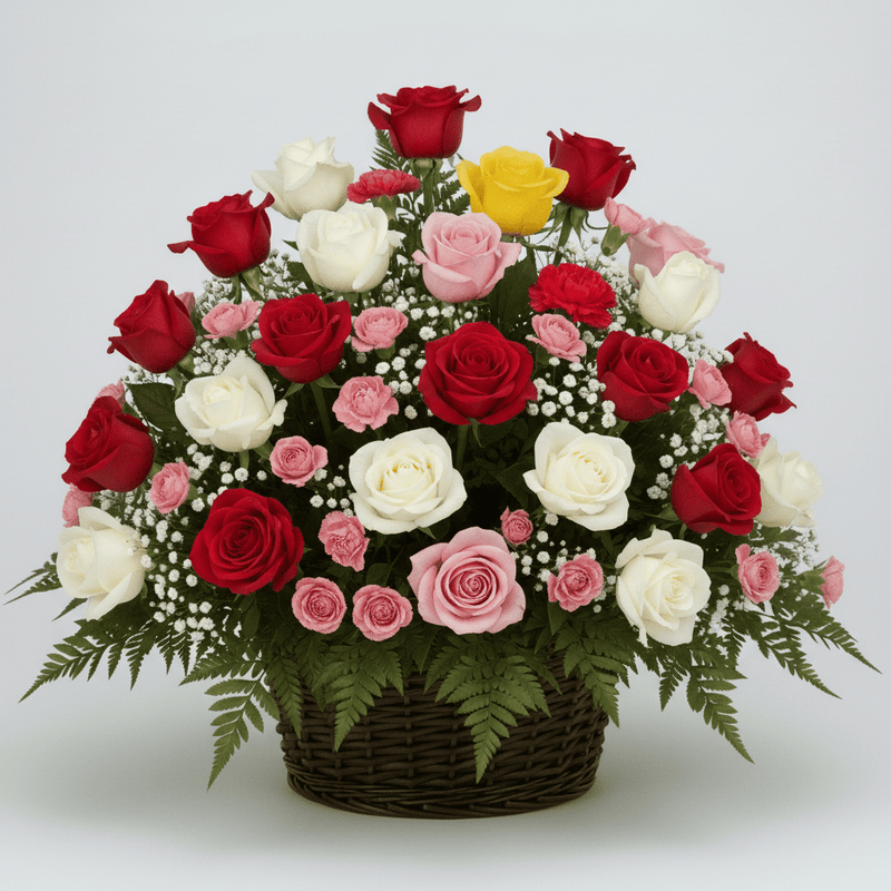 Basket Arrangement (Red, Pink, White & Yellow Roses) Funeral Flowers ...
