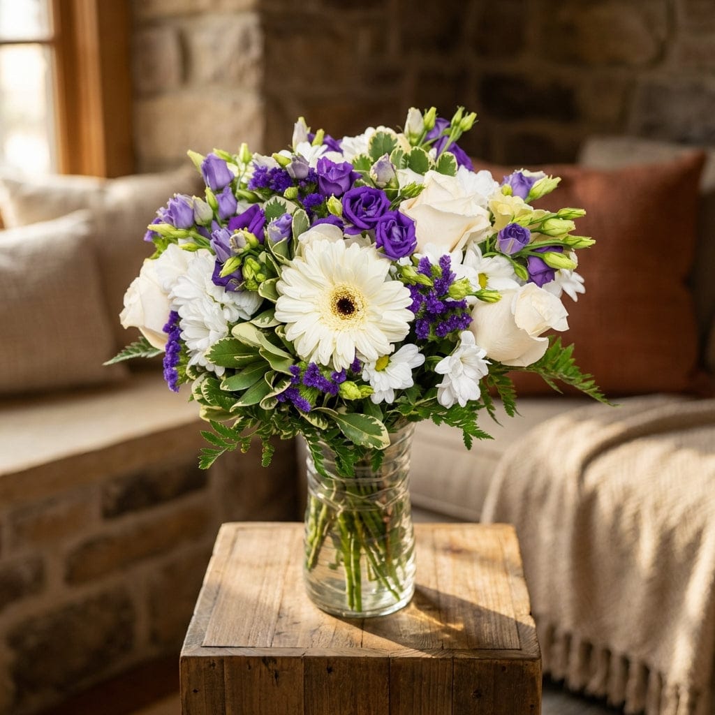 Full view of the Purple Grace bouquet on a rustic wooden pedestal in a cozy indoor setting, showcasing the full floral arrangement with natural warm lighting.