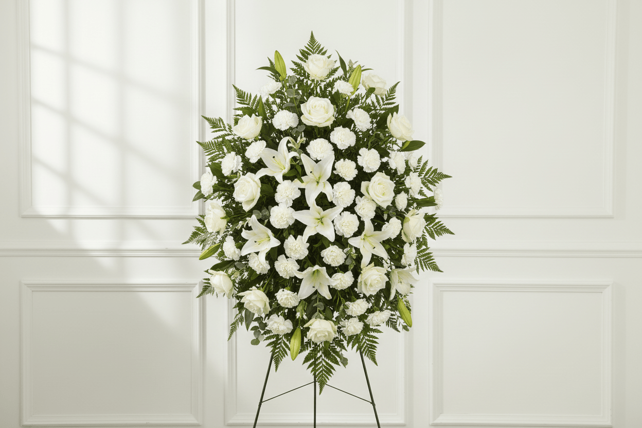 White oval standing spray funeral arrangement
