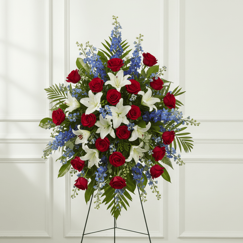 Red, white and blue oval standing spray funeral arrangement