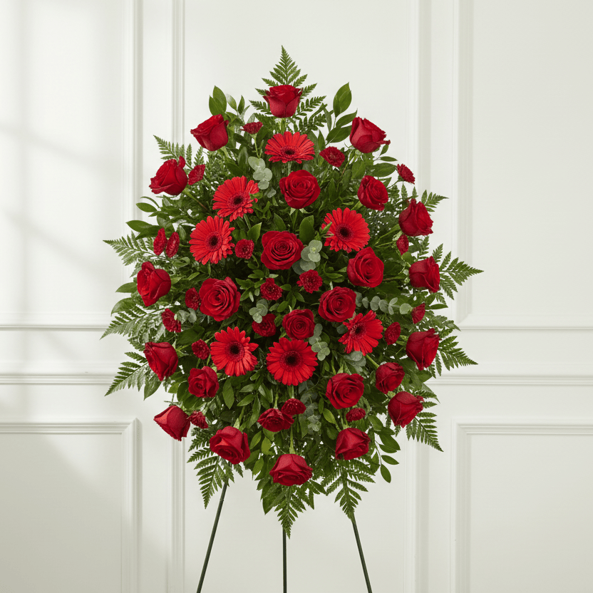 Red roses and gerberas oval standing spray funeral arrangement