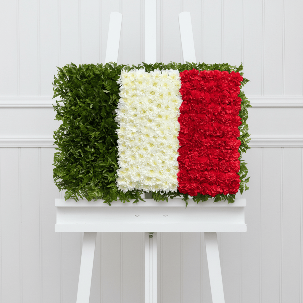 Italy flag floral arrangement on a thick white easel with wainscoting background