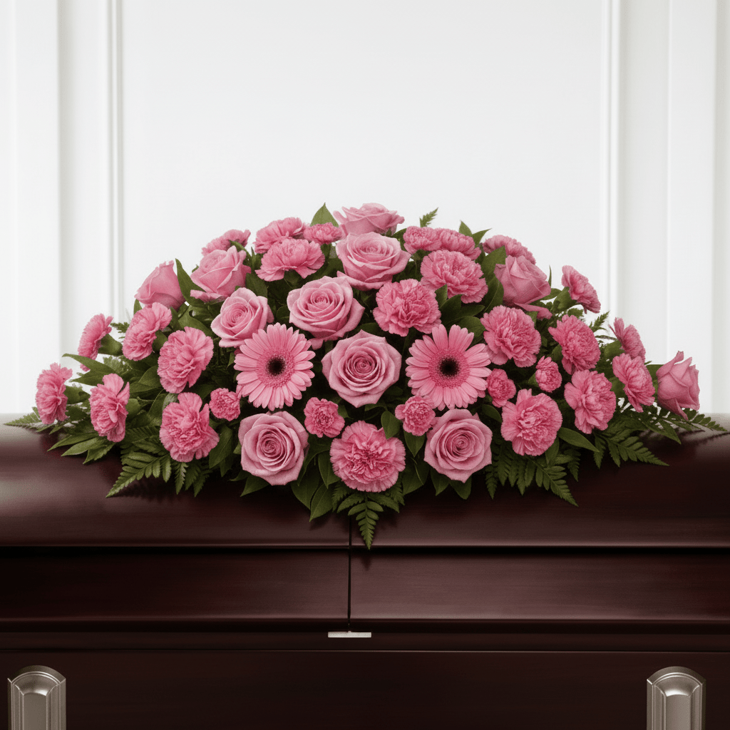 Pink roses, carnations and gerberas casket spray arrangement