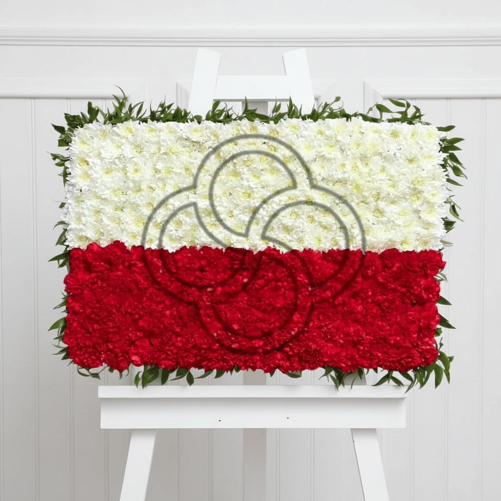 Poland flag floral arrangement on a thick white easel with wainscoting background