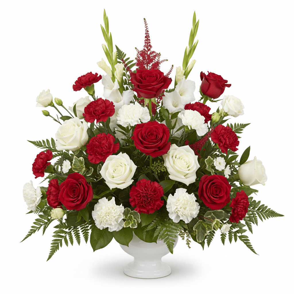 Urn Arrangement (Red & White) - Funeral Flowers Toronto