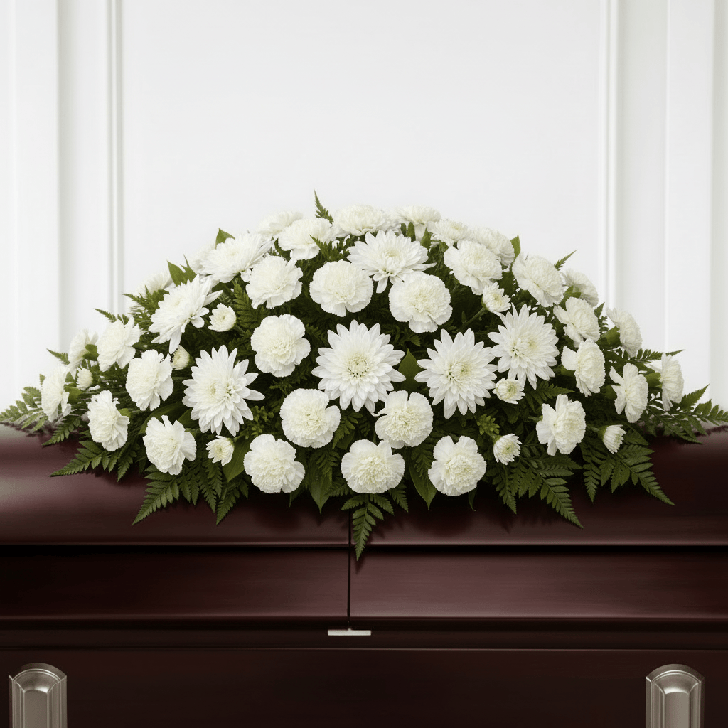 White carnations and mums casket spray arrangement