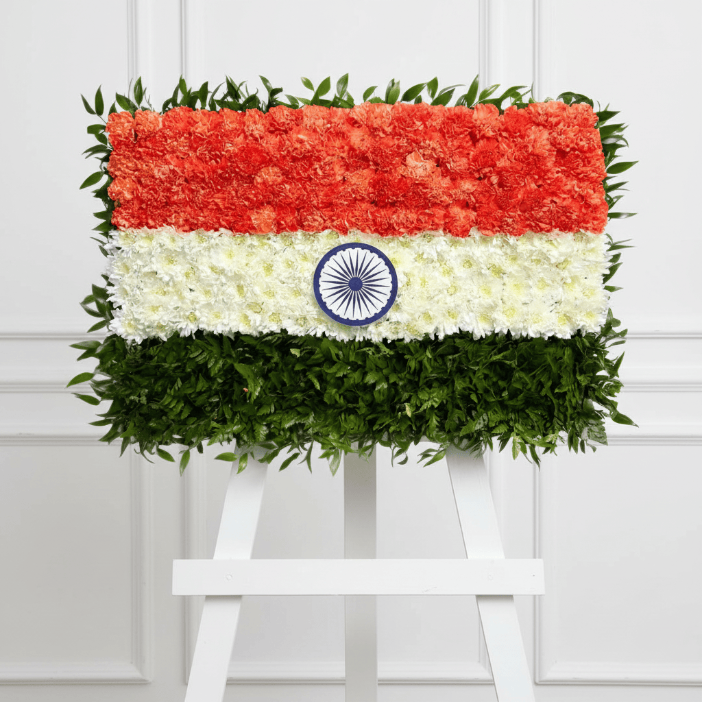 India flag floral arrangement on a thick white easel with wainscoting background