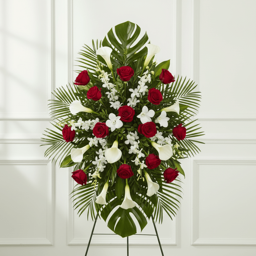 Red, white and green oval standing spray funeral arrangement