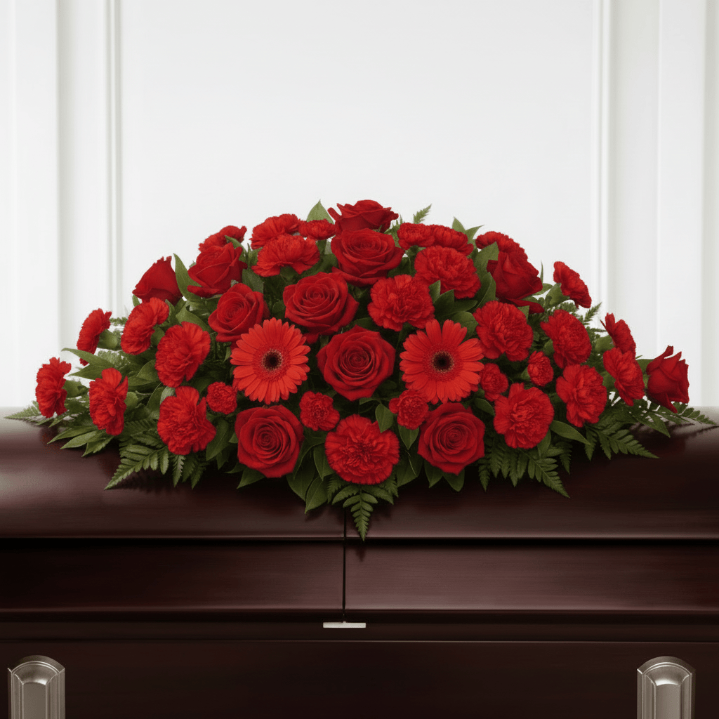 Red roses, carnations and gerberas casket spray arrangement