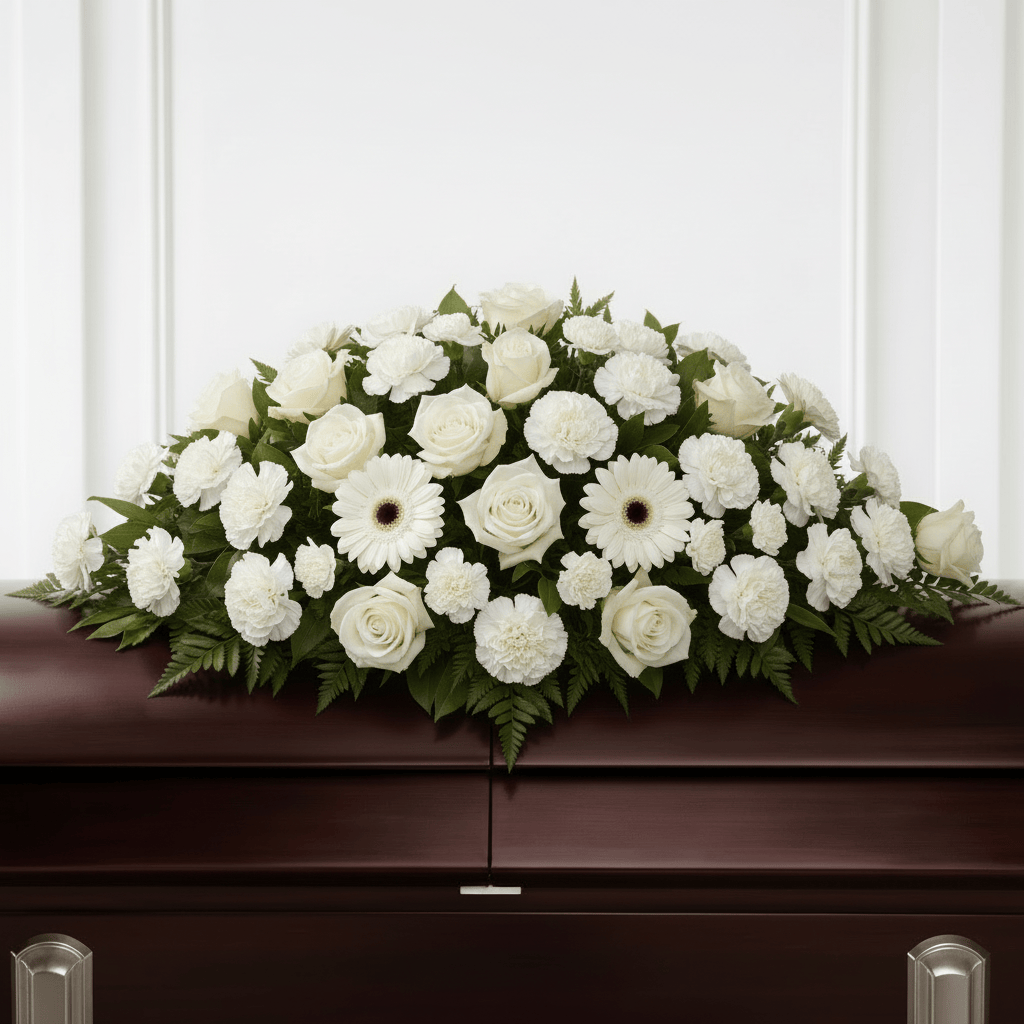 White roses, carnations and gerberas casket spray arrangement