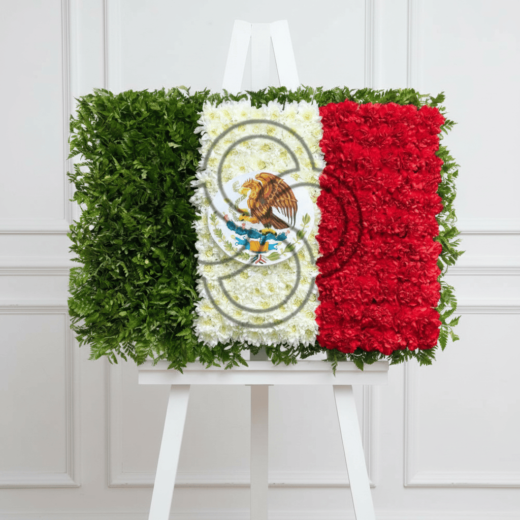 Mexico flag floral arrangement on a thick white easel with wainscoting background
