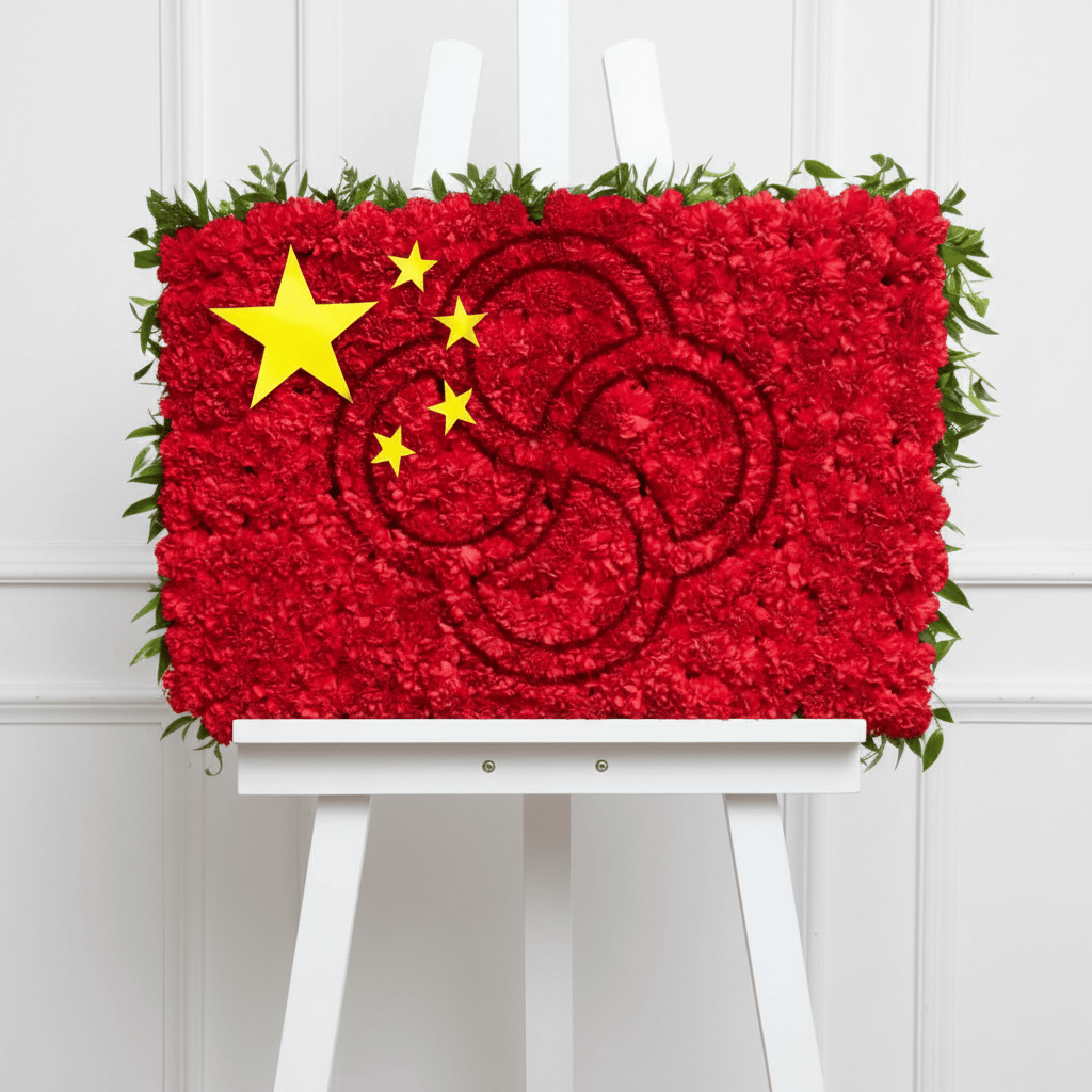 Chinese flag floral arrangement on a thick white easel with wainscoting background