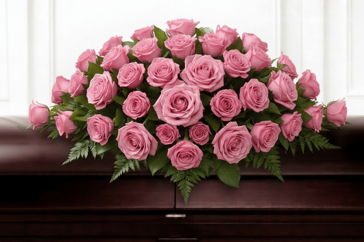 Pink rose casket spray arrangement