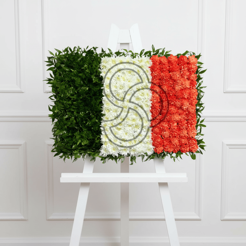 Ireland flag floral arrangement on a thick white easel with wainscoting background