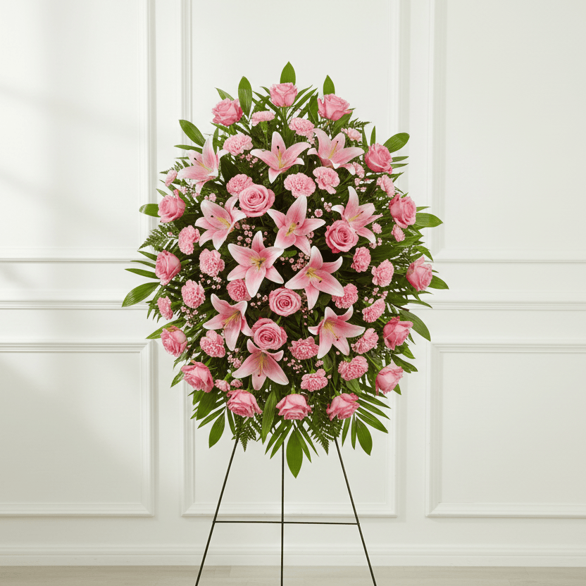 Pink lilies and roses oval standing spray funeral arrangement
