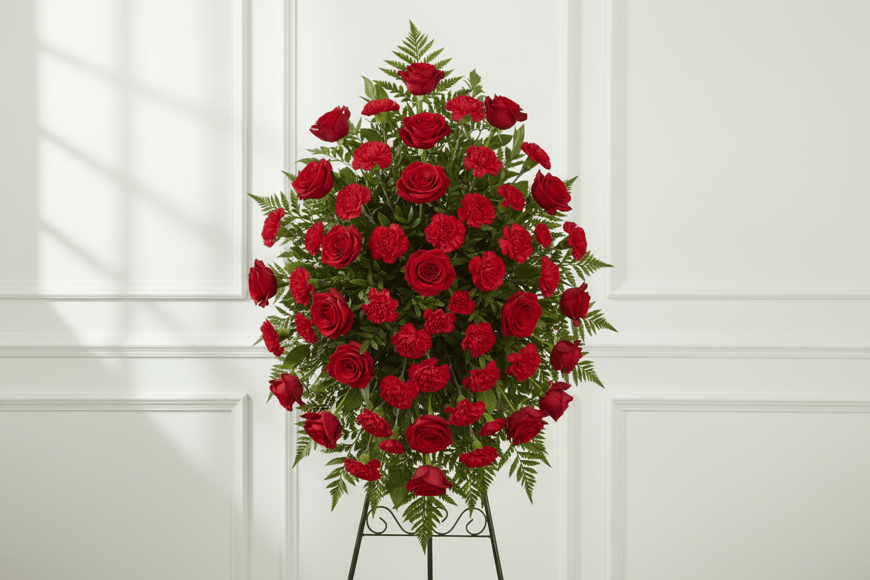 Red oval standing spray funeral arrangement