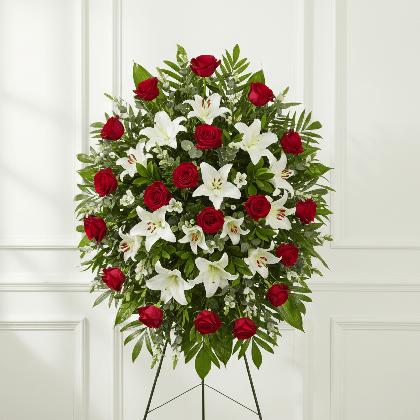 White lilies and red roses oval standing spray funeral arrangement