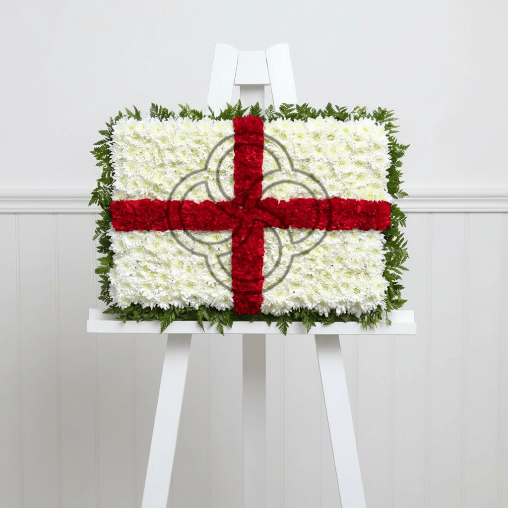 England flag floral arrangement on a thick white easel with wainscoting background