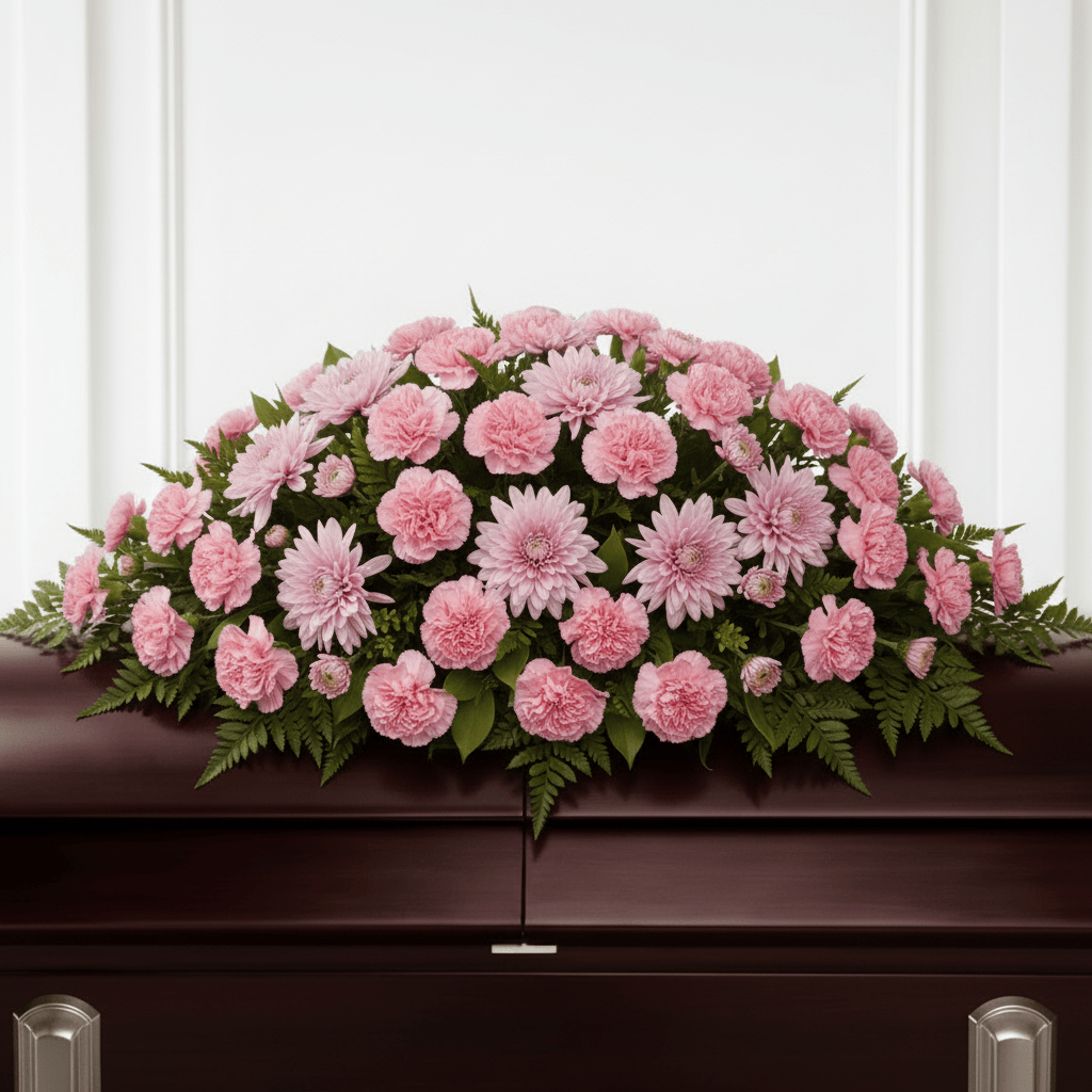 Pink carnations and mums casket spray arrangement