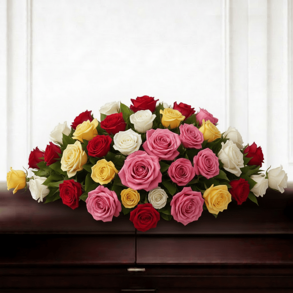 Mixed Red Pink White Yellow Rose Casket Spray