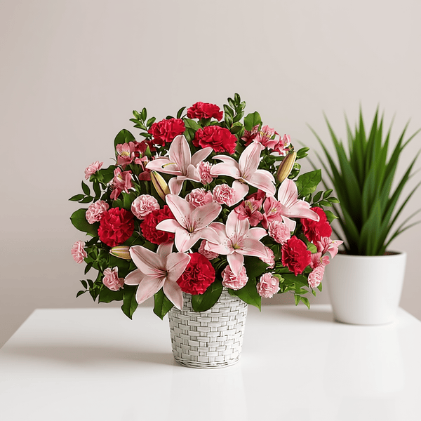Basket Arrangement (Red, Pink & Green)